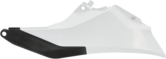 Acerbis white and black side panels for motorcycle body, featuring sleek design and brand logo, on a plain background.