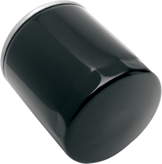 Black Drag Specialties V-Rod oil filter model 14-0024B-BX18, designed for Harley V-Rod motorcycles, shown in the image.