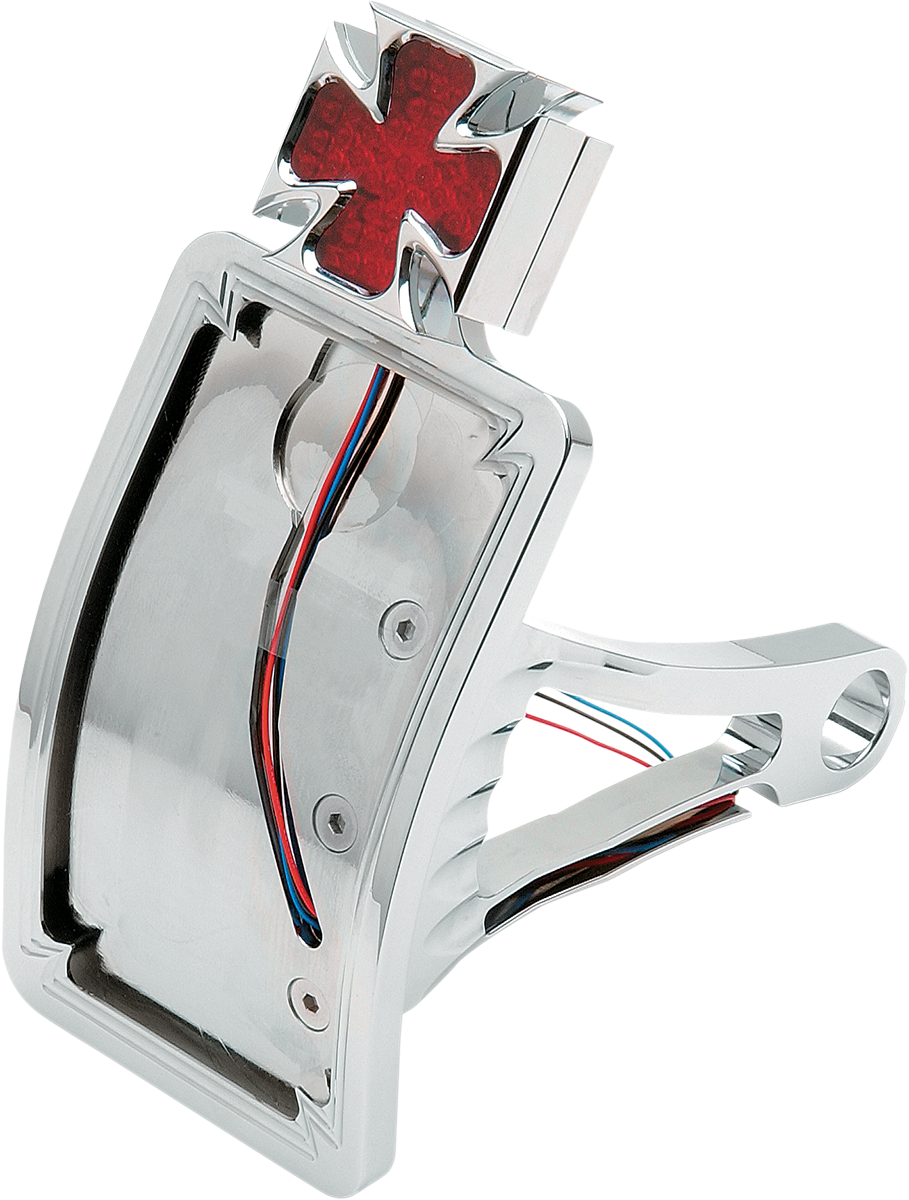 DRAG SPECIALTIES Maltese Cross side mount curved vertical taillight with license plate holder for motorcycle.