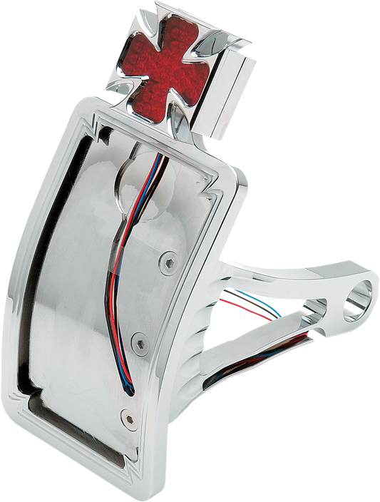DRAG SPECIALTIES Maltese Cross side mount curved vertical taillight with license plate holder for motorcycle.