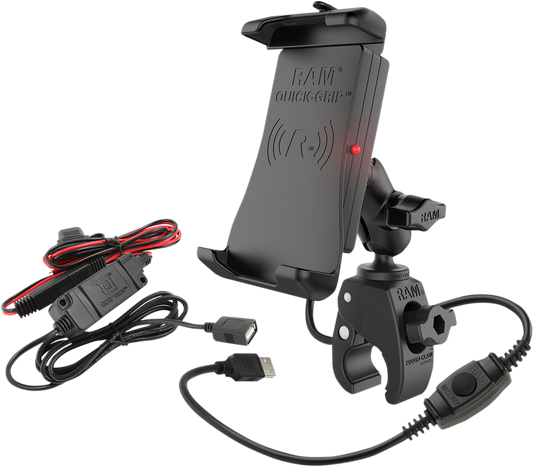 RAM MOUNTS Device Holder by Bill's Exhausts with quick-grip, wireless charging, waterproof design, mounted on engine for secure device access.
