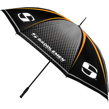 Black, gray, and orange SADDLEMEN umbrella seat by Bill's Exhausts with detailed fabric pattern and sturdy construction.