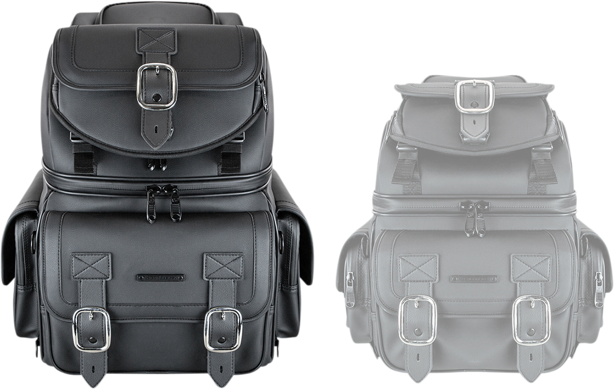Black saddlebags for motorcycles, Bill's Exhausts SADDLEMEN BR3400D sissy bar bag with secure straps and durable material.