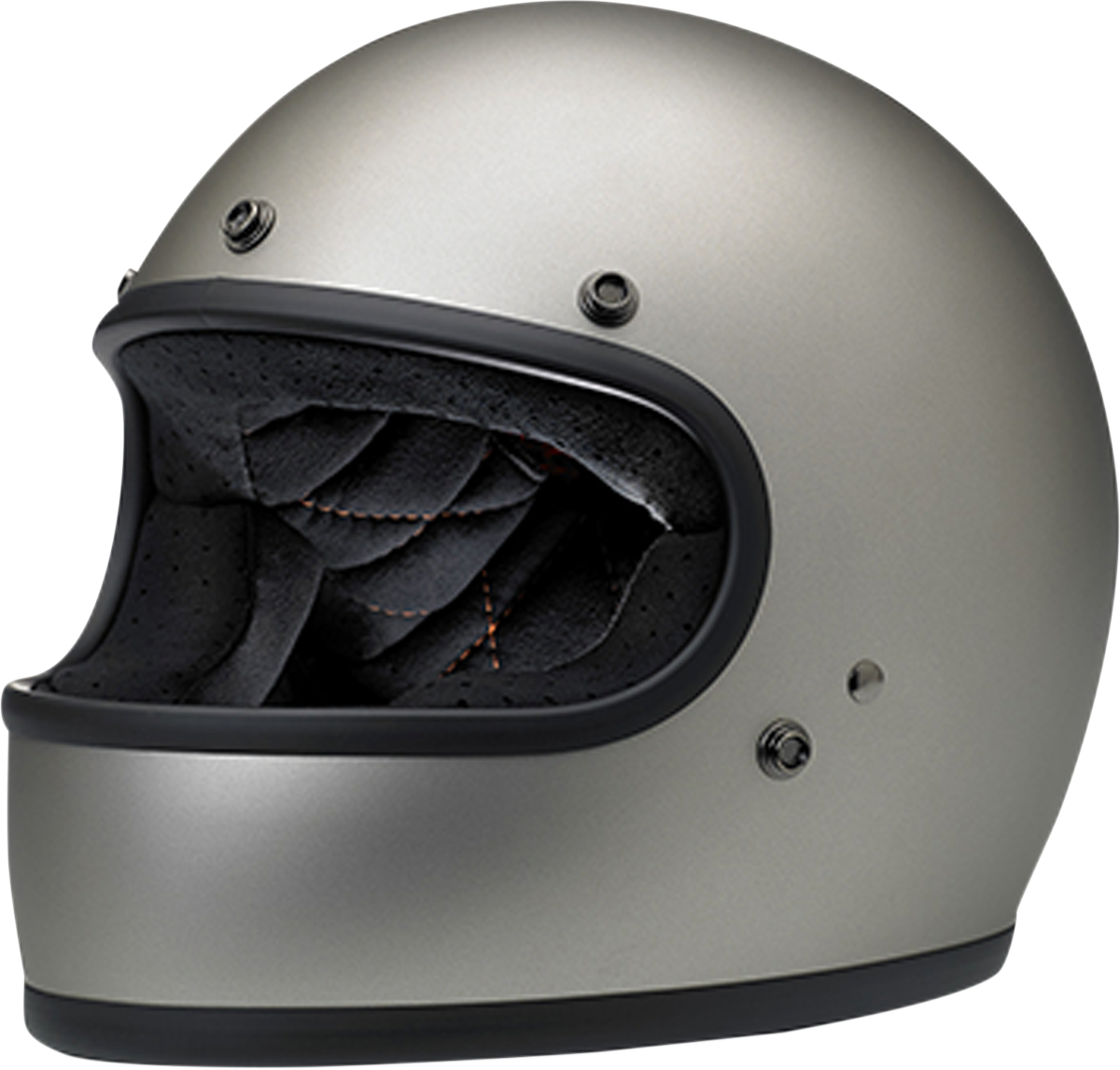 BILTWELL Gringo helmet in flat titanium finish, small size, with smooth helmet shell and adjustable strap, designed for motorcycle riding.