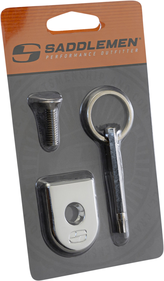 Chrome SADDLEMEN Security Seat Screw for motorcycle seats, featuring the Bill's Exhausts branding in a sleek, polished finish.