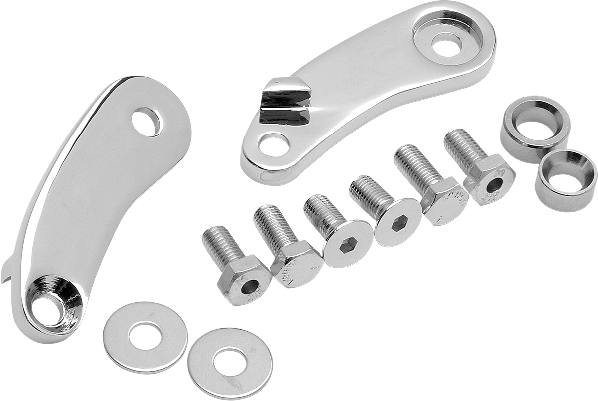Drag Specialties front turn signal mount kit for Harley-Davidson '89-'17, includes mounting hardware and brackets.