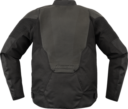 Black ICON Overlord3™ leather jacket by Bill's Exhausts, shown in small size, featuring sleek design and premium leather material.