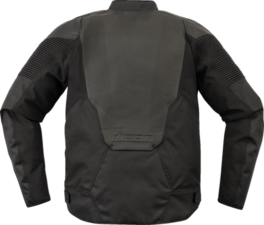 Black ICON Overlord3™ leather jacket by Bill's Exhausts, shown in small size, featuring sleek design and premium leather material.