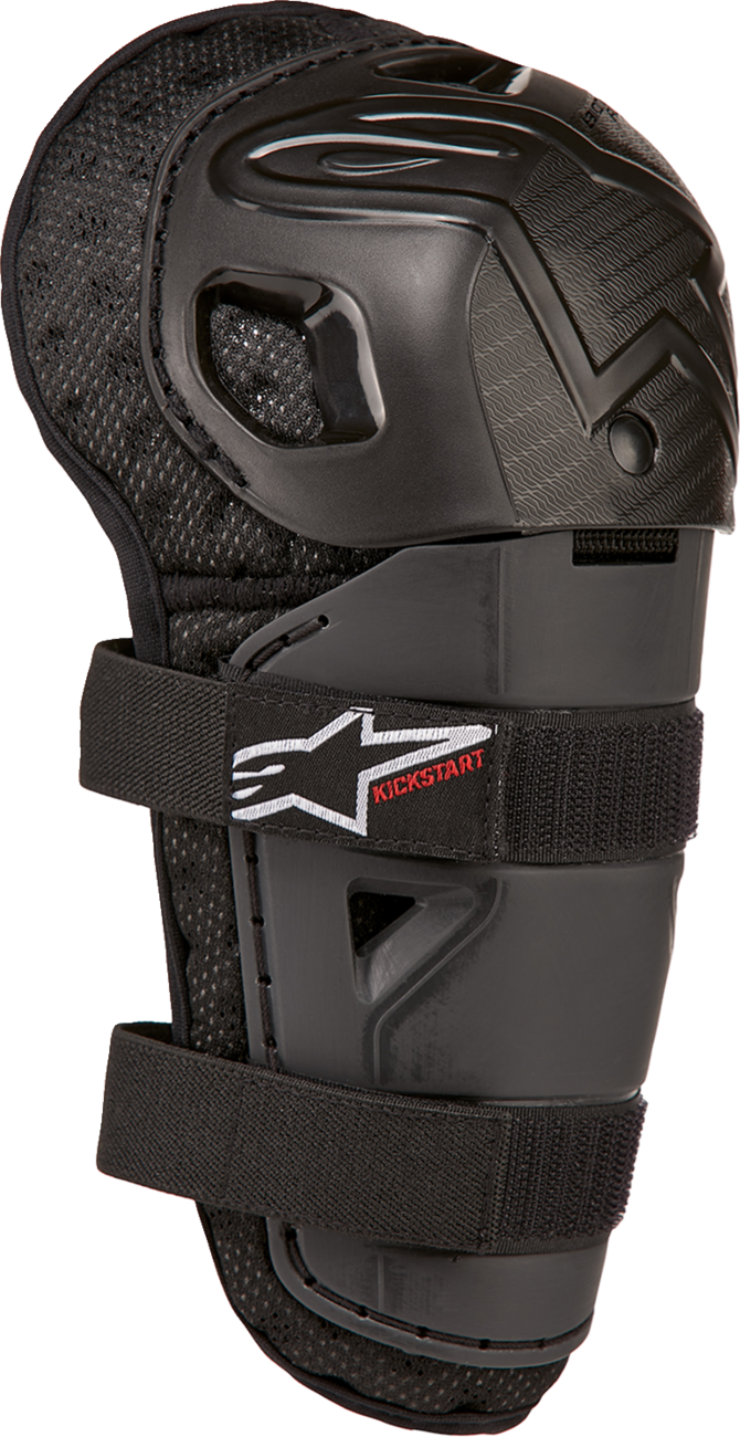 Alpinestars Youth Bionic Action Kickstart knee guards in black and red with protective padding and adjustable straps.