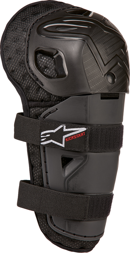 Alpinestars Youth Bionic Action Kickstart knee guards in black and red with protective padding and adjustable straps.