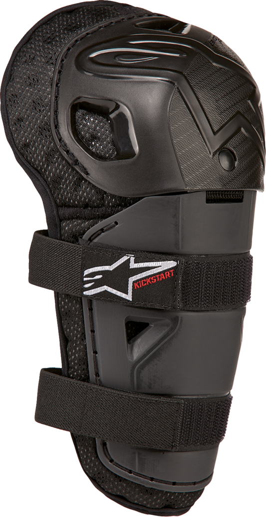 Alpinestars Youth Bionic Action Kickstart knee guards in black and red with protective padding and adjustable straps.