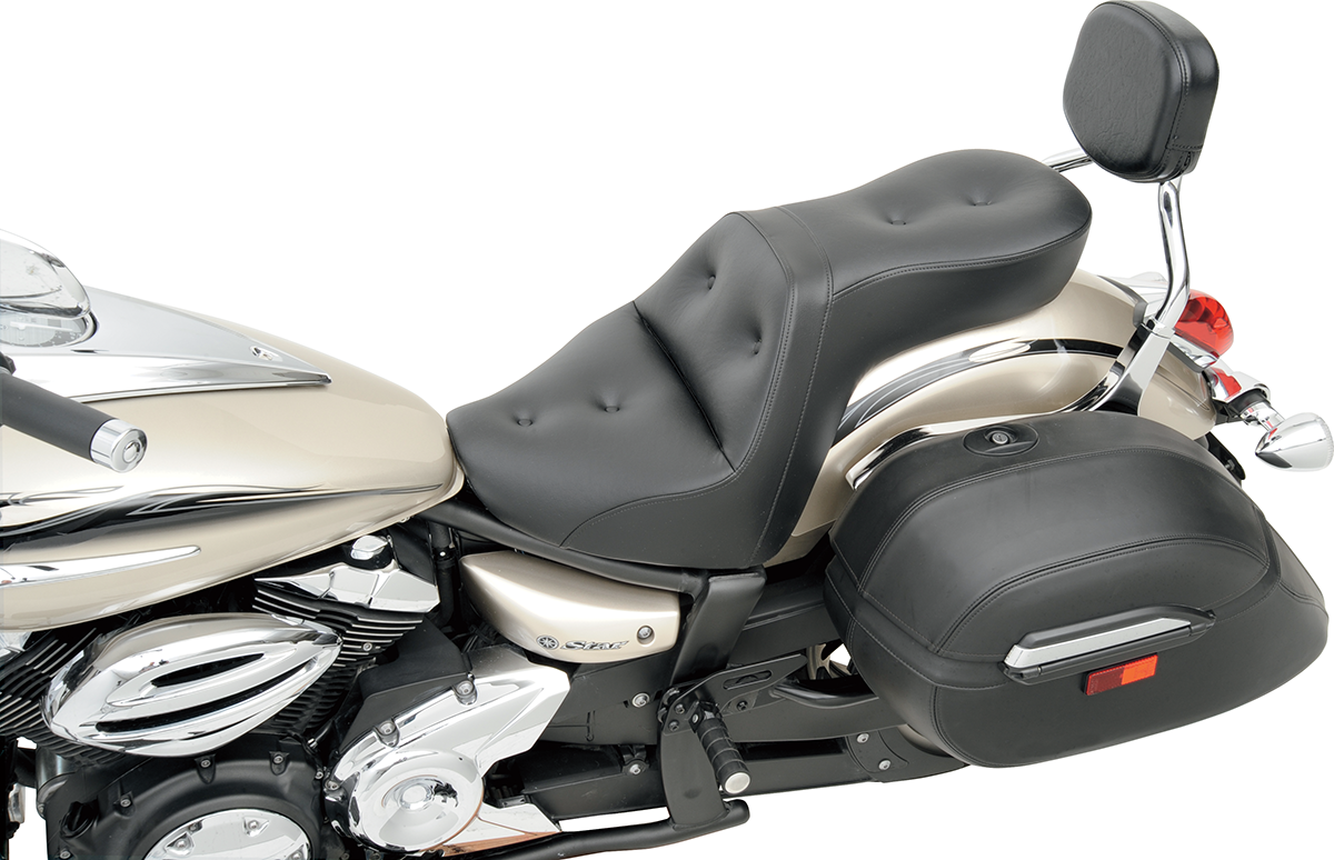 Saddlemens Explorer Road Sofa Seat for XV1300 motorcycle, black leather seat with contour design and mounting hardware.