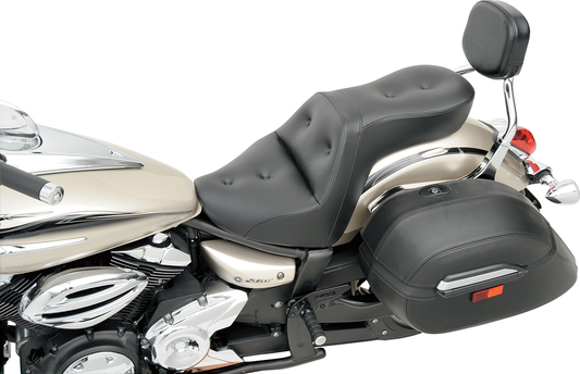 Saddlemens Explorer Road Sofa Seat for XV1300 motorcycle, black leather seat with padded design, installed on motorcycle frame.