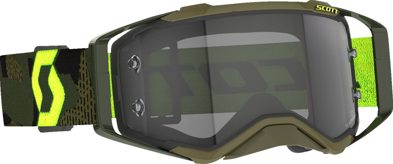 Scott Prospect Goggle in khaki green and neon yellow with light-sensitive gray lens, designed for motocross and off-road riding.