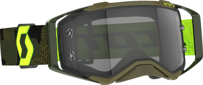 Scott Prospect Goggle in khaki green and neon yellow with light-sensitive gray lens, designed for motocross and off-road riding.