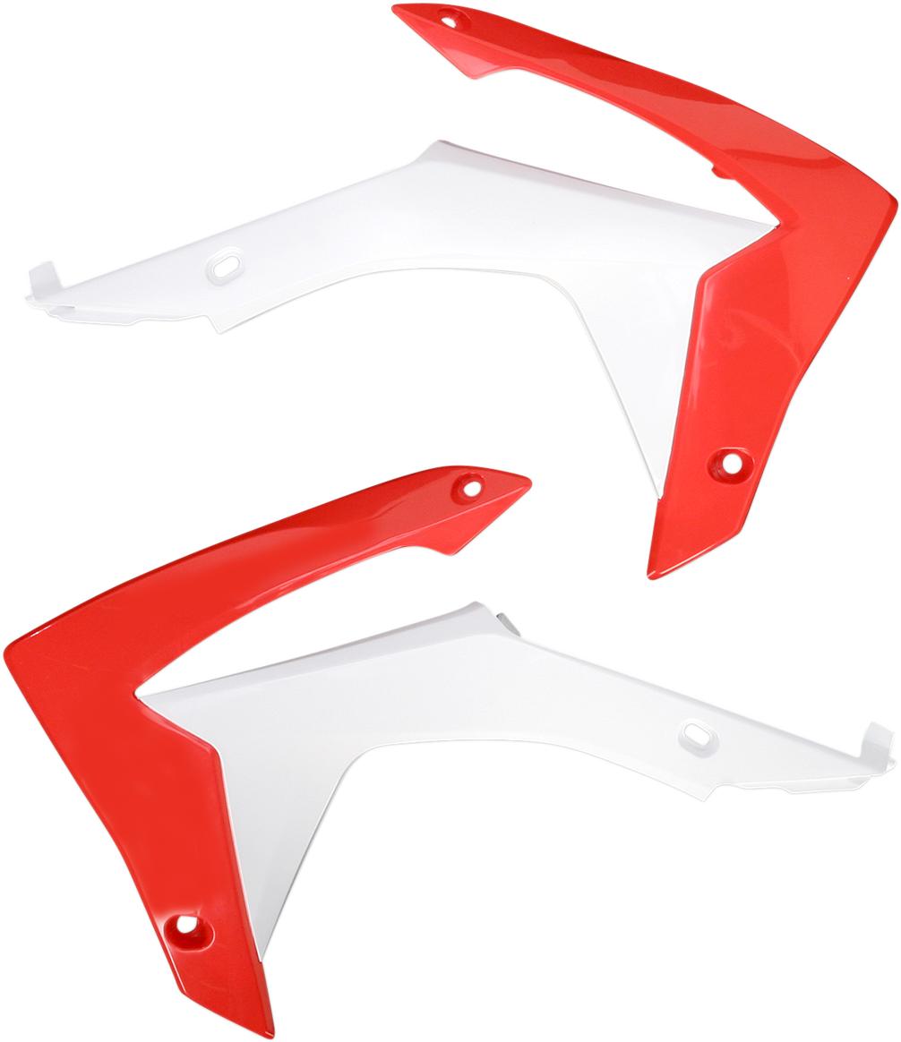Acerbis radiator shrouds in white and red for motorcycle body protection, designed by Bill's Exhausts.