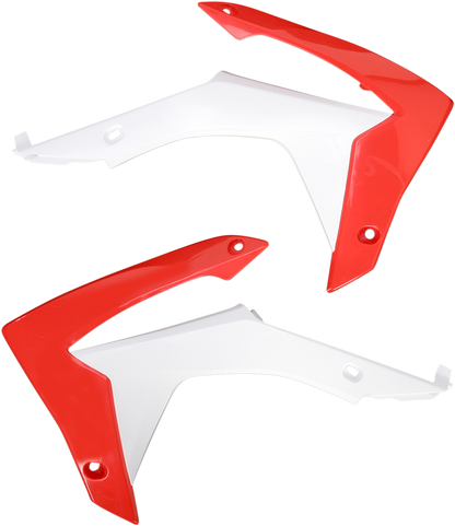 Acerbis radiator shrouds in white and red for motorcycle body protection, designed by Bill's Exhausts.