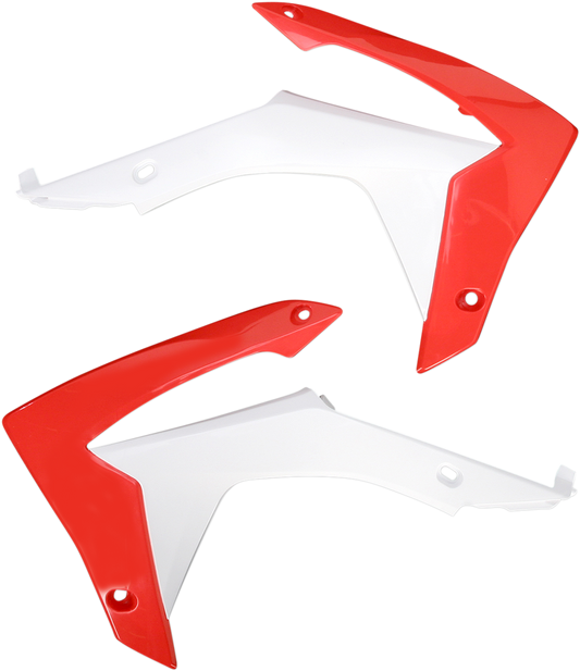 Acerbis radiator shrouds in white and red for motorcycle body protection, designed by Bill's Exhausts.