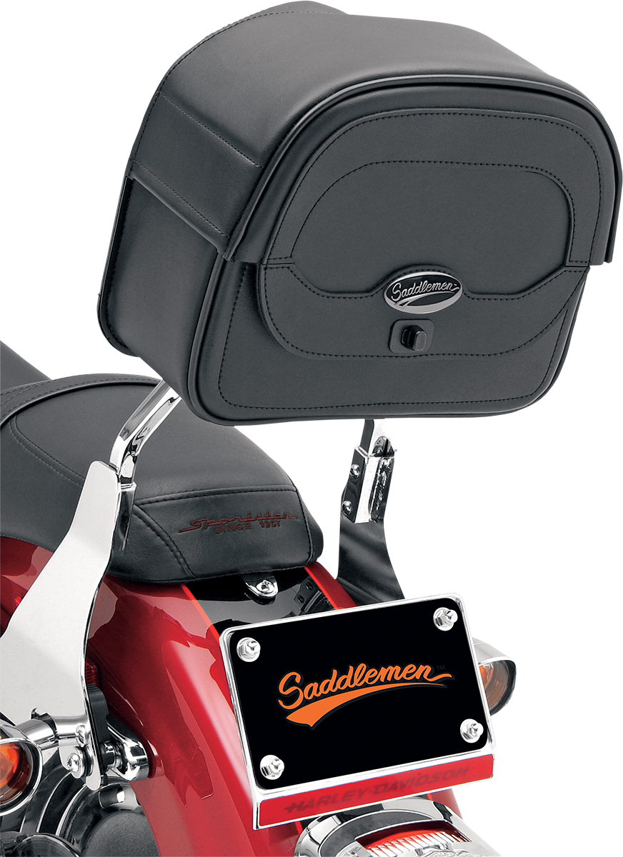 Black SADDLEMEN Cruis'n Sissy Bar Bag mounted on motorcycle seat, showcasing spacious storage and durable design.
