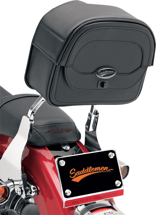 Black SADDLEMEN Cruis'n Sissy Bar Bag mounted on motorcycle seat, showcasing spacious storage and durable design.