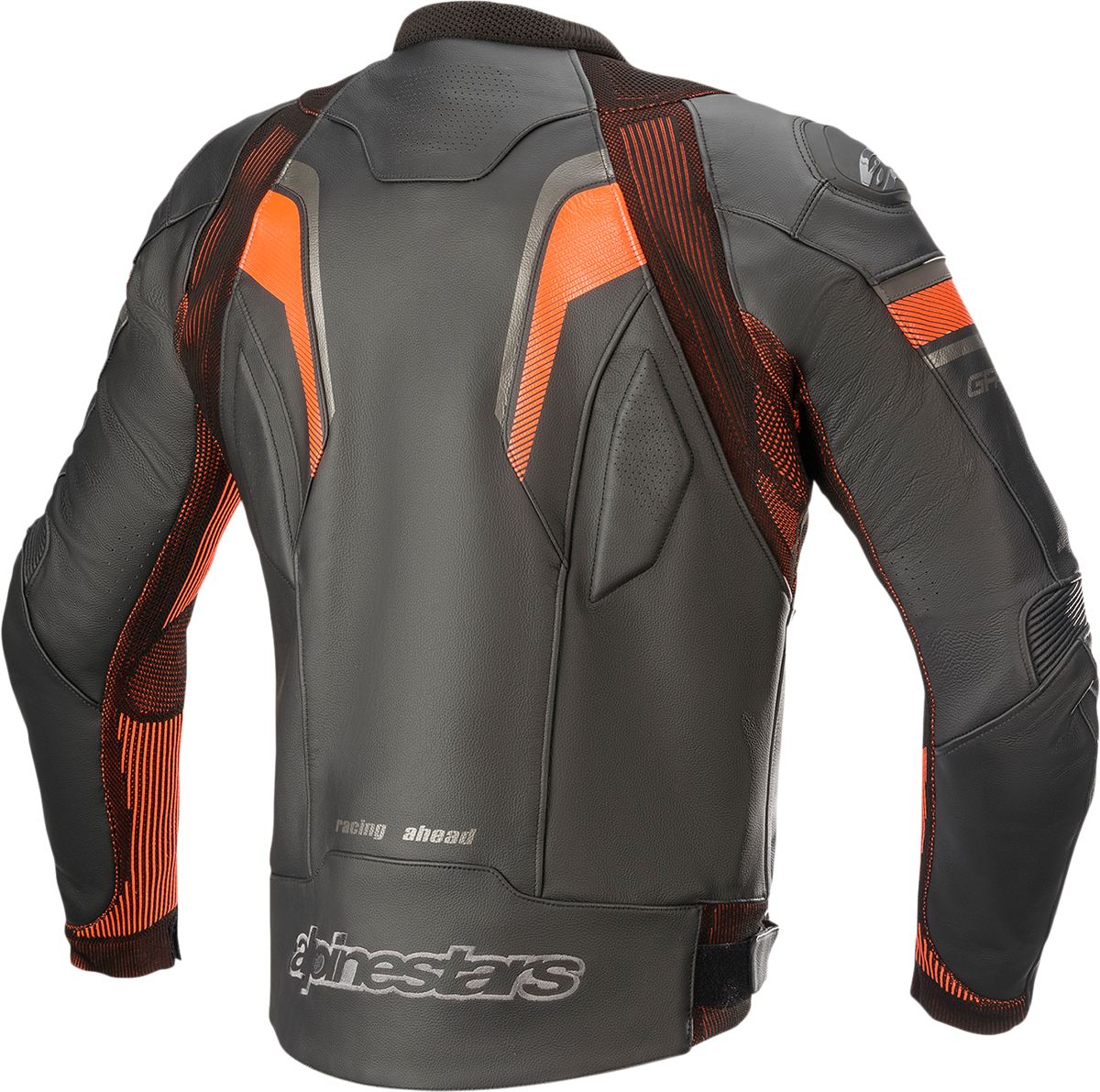Alpinestars GP Plus R v3 Rideknit leather motorcycle jacket in black and red fluo, US 44 / EU 54, with protective armor details.