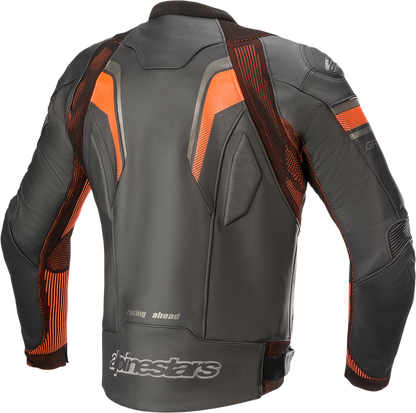 Alpinestars GP Plus R v3 Rideknit leather motorcycle jacket in black and red fluo, US 44 / EU 54, with protective armor details.