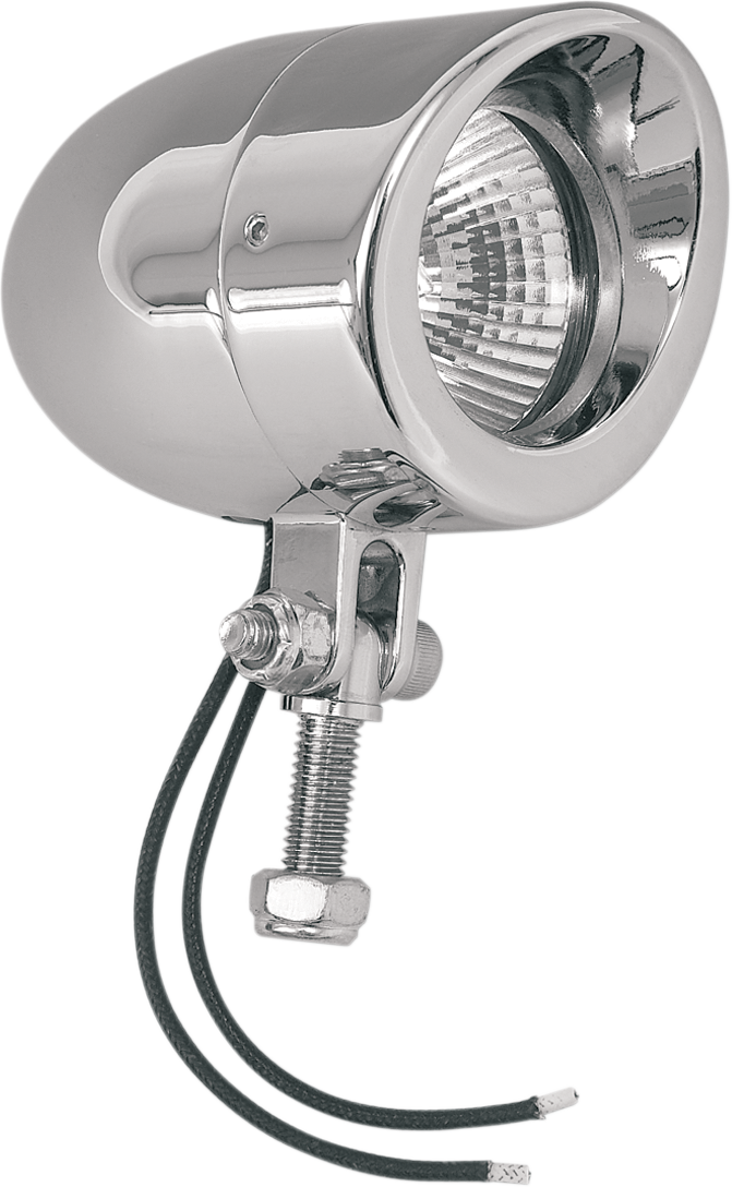 Chrome mini driving light for engine by Bill's Exhausts, showing the compact, shiny chrome finish and mounting bracket.