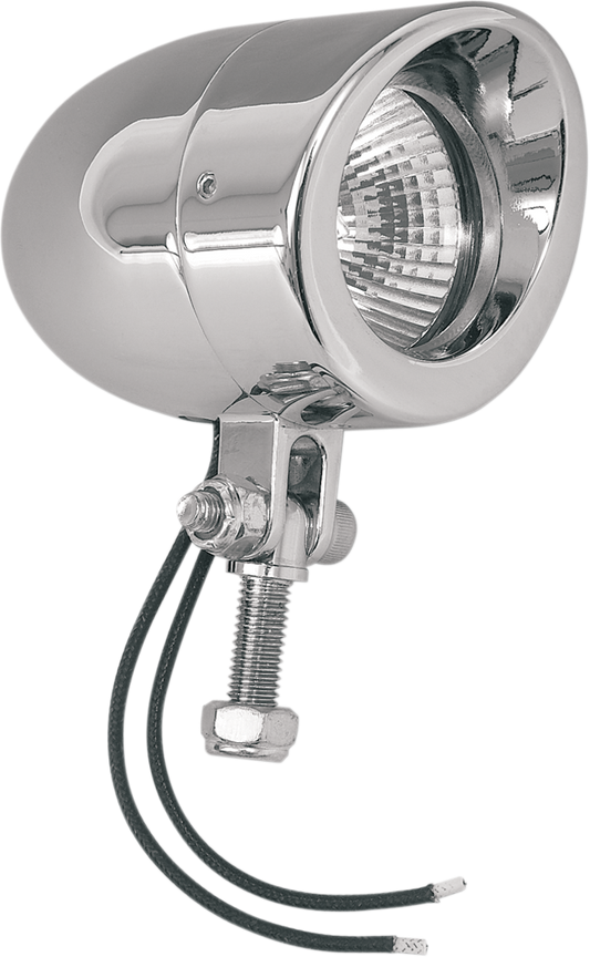 Chrome mini driving light for engine by Bill's Exhausts, showing the compact, shiny chrome finish and mounting bracket.
