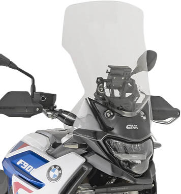 GIVI D5145ST clear and smoke motorcycle windshields installed on a BMW motorcycle, showcasing their size and design.