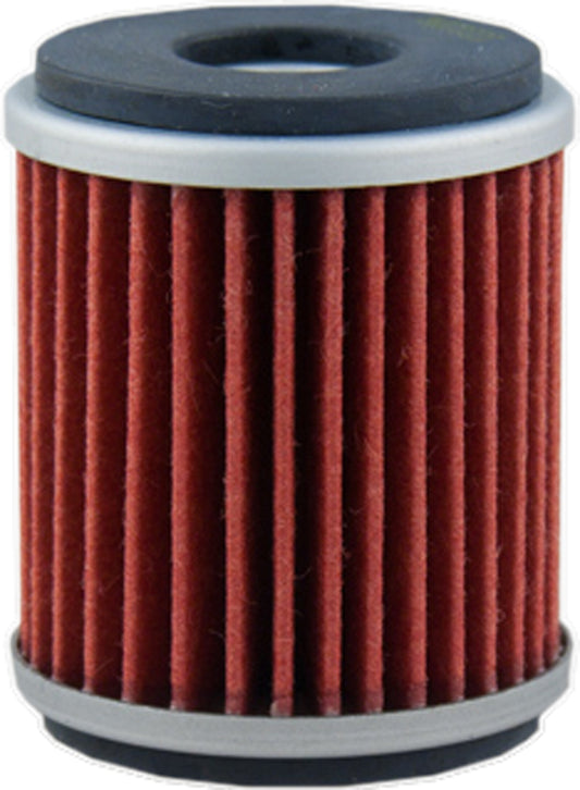 HIFLOFILTRO HF141 motorcycle oil filter showing the cylindrical filter element with branding and metal casing.