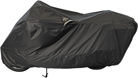 Black DOWCO Weatherall Plus motorcycle cover with ratchet attachment protecting a motorcycle from weather conditions.
