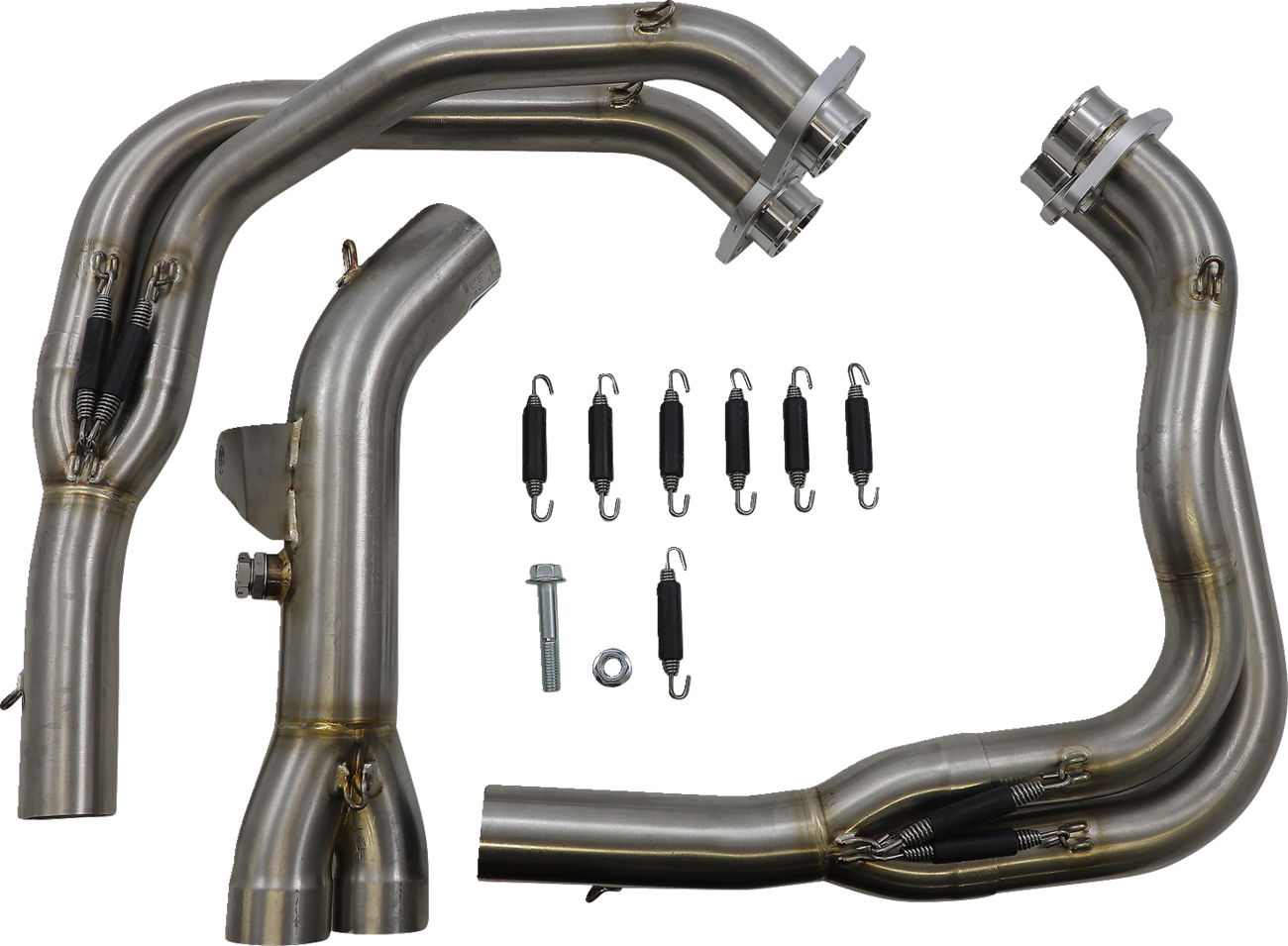 Stainless steel Akrapovic exhaust header for Kawasaki Z900 2017-2019, featuring polished metal and precise welds.