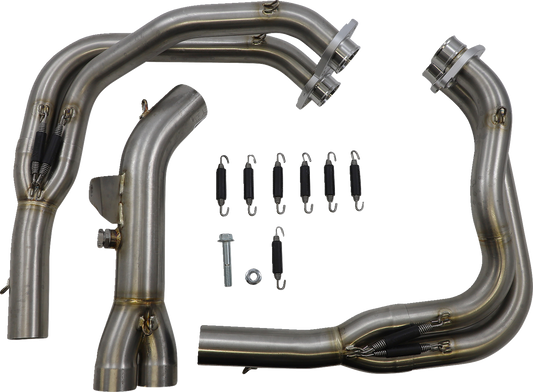 Stainless steel Akrapovic exhaust header for Kawasaki Z900 2017-2019, featuring polished metal and precise welds.