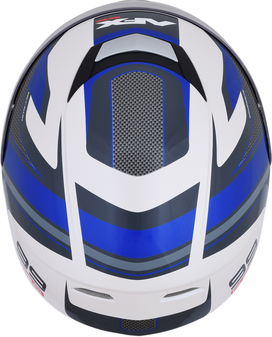 Bill's Exhausts AFX FX-99 Helmet Recurve in pearl white and blue, small size, shown with sleek aerodynamic design and secure fit.