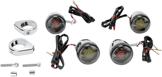 Drag Specialties red and smoke turn signal kit with chrome housings and LED dual-function bulbs for motorcycles.