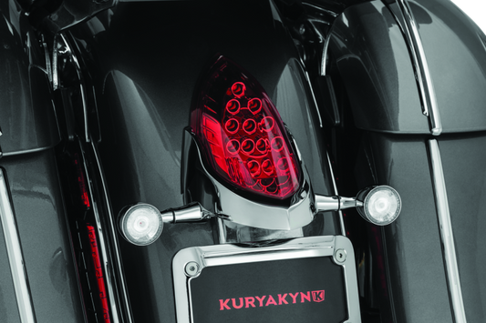 Kuryakyn custom rear turn signal and license plate mount for Indian motorcycles, black metal with integrated signal lights.