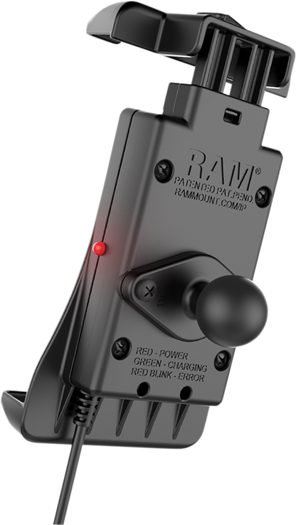 Wireless waterproof RAM MOUNTS device holder with quick-grip and charging feature, designed for engine applications by Bill's Exhausts.