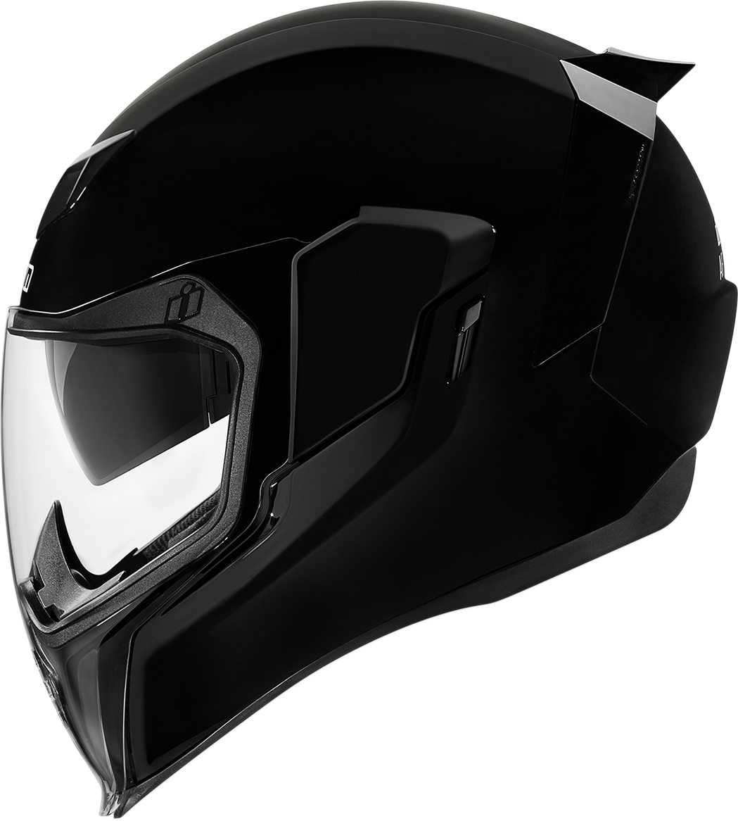 Black ICON Airflite™ helmet in gloss finish, large size, featuring sleek aerodynamic design and clear visor.