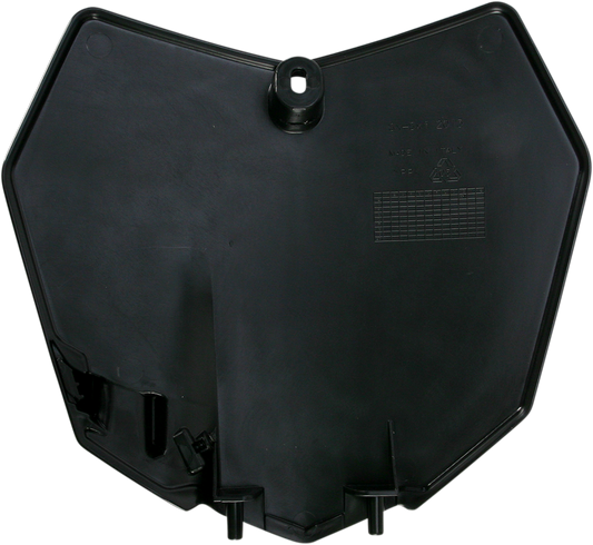 Black Acerbis front number plate for motorcycle, mounted on body, with sleek design and branding details visible.