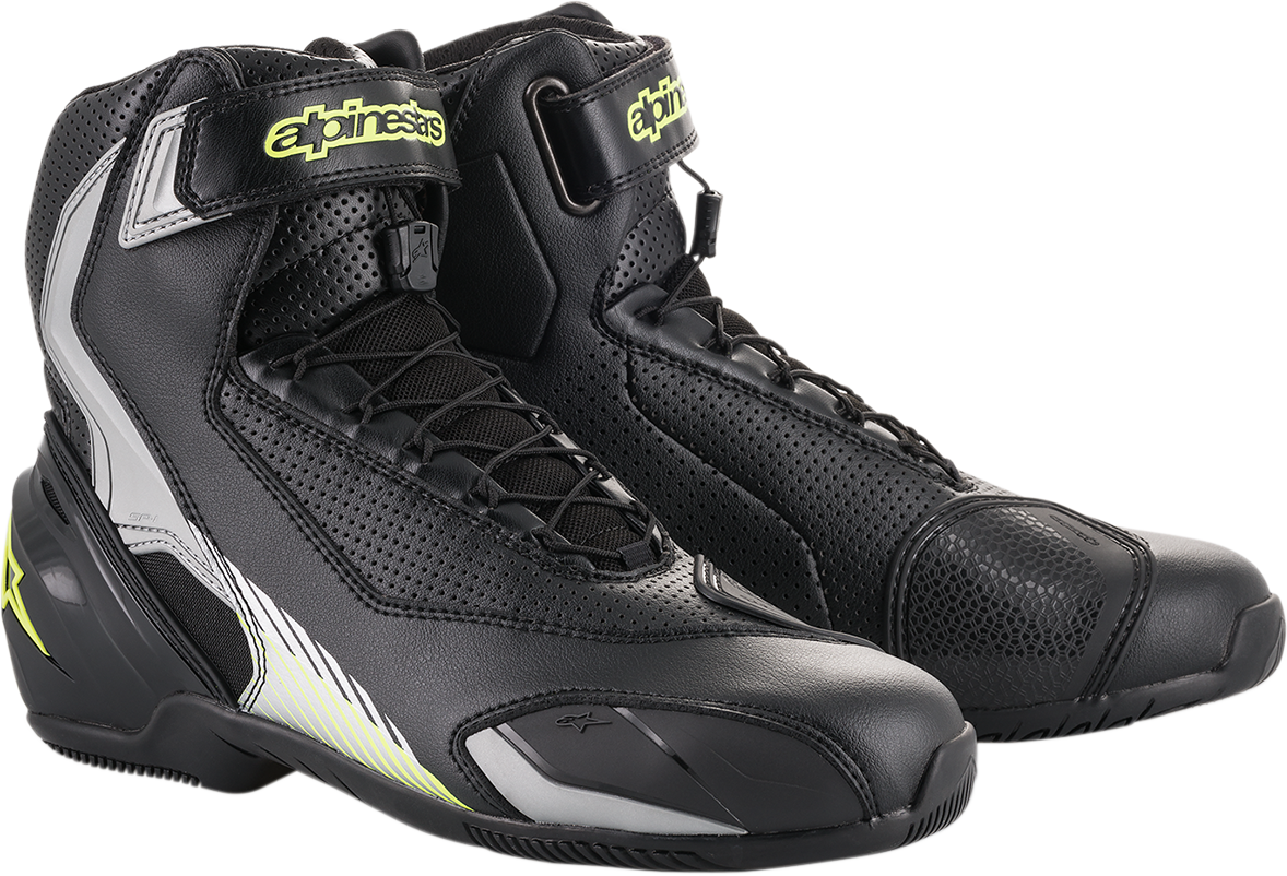 Alpinestars SP-1 v2 vented motorcycle shoes in black, silver, and yellow fluorescent, US 11.5, with protective design and logo.