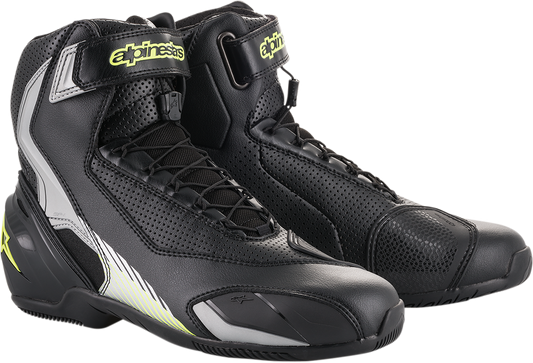 Alpinestars SP-1 v2 vented motorcycle shoes in black, silver, and yellow fluorescent, US 11.5, with protective design and logo.