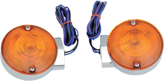 Chrome front turn signal light kit with amber lenses for FLT Harley Davidson models by DRAG SPECIALTIES.