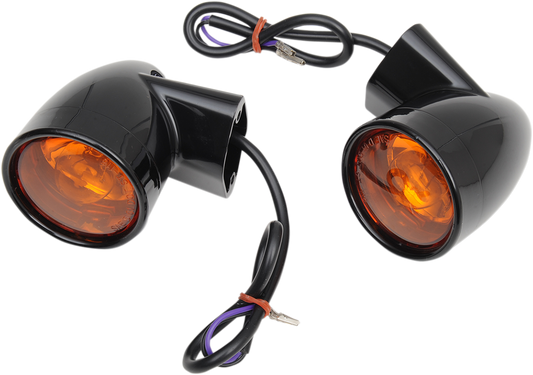 Rear Bullet Turn Signal Lights in gloss black finish by Drag Specialties for Harley-Davidson motorcycles.