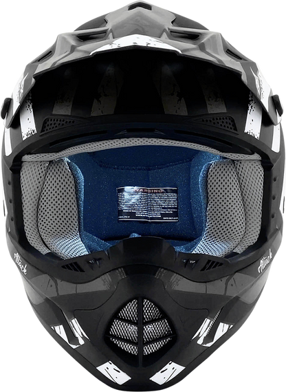 Bill's Exhausts AFX FX-17Y Attack helmet in matte black and silver, large size showing sleek aerodynamic design and vent details.