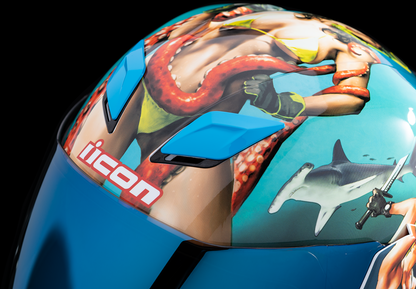 Blue ICON Airflite™ helmet in small size with Pleasuredome4 design, featuring aerodynamic vents and sleek aerodynamic shape.