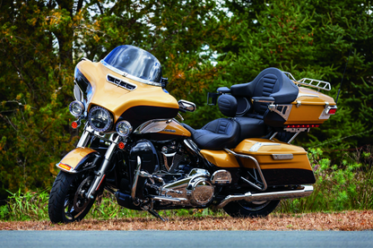 Kuryakyn Tri-Line Chrome Windshield Trim for Harley Davidson Touring Models, close-up of shiny chrome motorcycle windshield accessory
