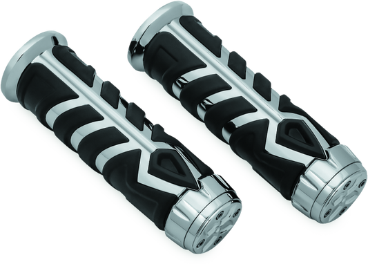 Kuryakyn Spear grips for 7/8 inch Indian Motorcycle handlebars in shiny chrome finish, featuring spear-shaped design.