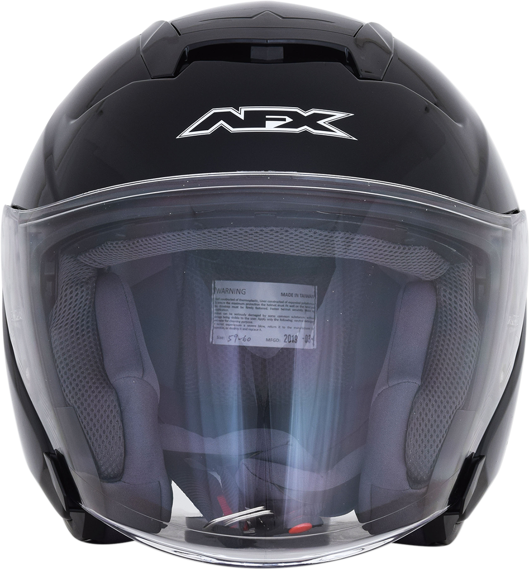 Gloss black AFX FX-60 helmet in large size with smooth finish, featuring a sleek aerodynamic design and clear visor.