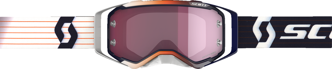 Scott Prospect Amplifier goggles in blue and white with rose accents, designed for motorcycling protection and style.