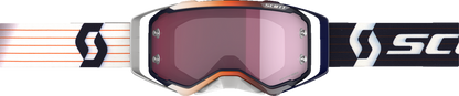 Scott Prospect Amplifier goggles in blue and white with rose accents, designed for motorcycling protection and style.